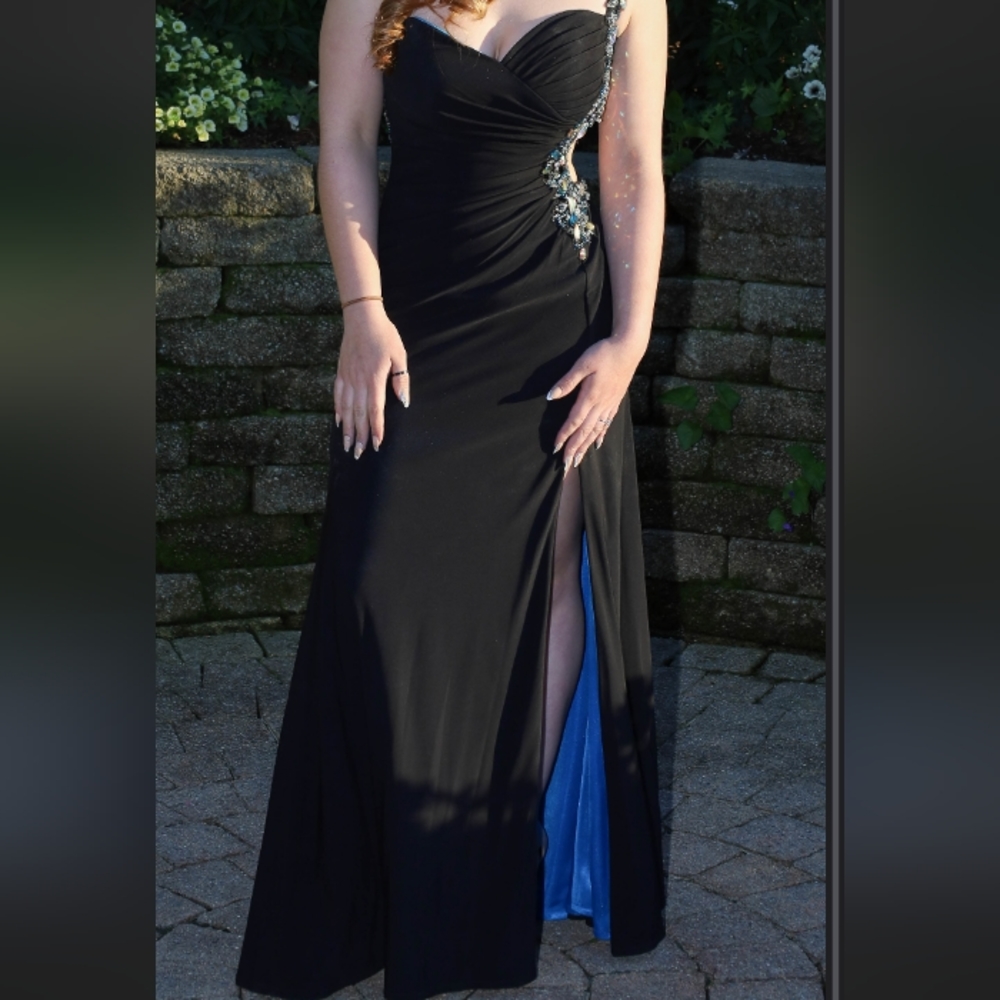 Women's Black & Royal Blue Beaded Jaoy Couture Floor Length Dress - Picture 4 of 16